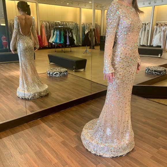 Long sleeve fully beaded gown, deep v back - Picture 2 of 2